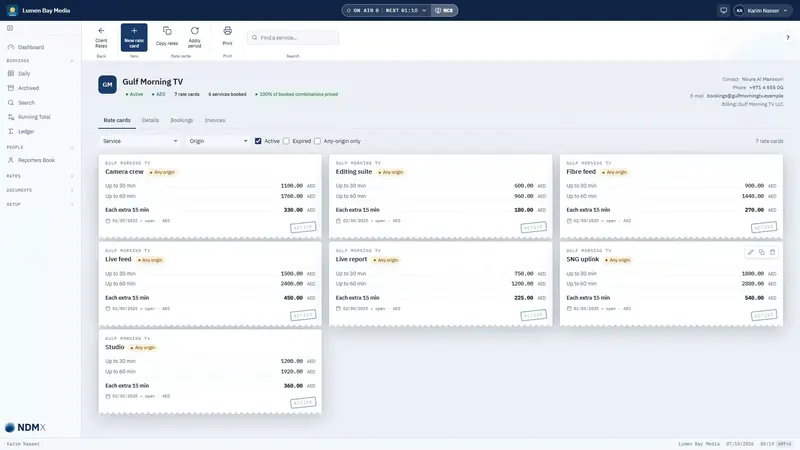 The lesson Client rate cards: a client's rate cards in NDMX, each laid out as a receipt.
