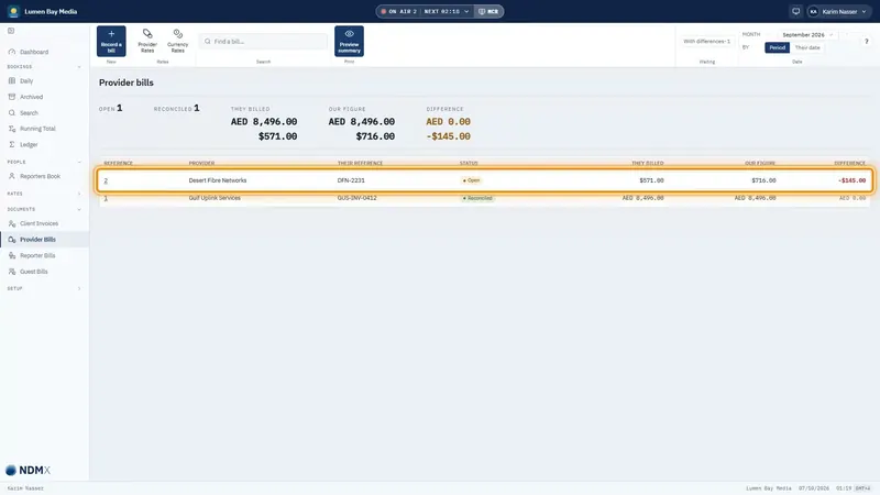 The lesson Recording a provider bill: NDMX's Provider bills list, with one bill highlighted.